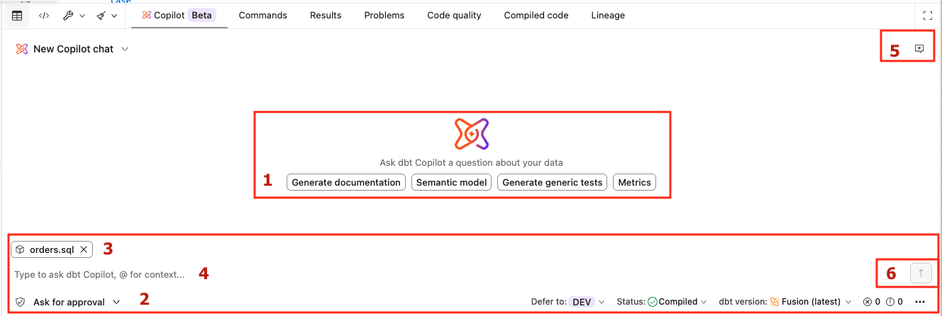 The Copilot panel in the Studio IDE showing quick-action buttons, text input field, and agent mode controls. The Copilot panel in the Studio IDE showing quick-action buttons, text input field, and agent mode controls.